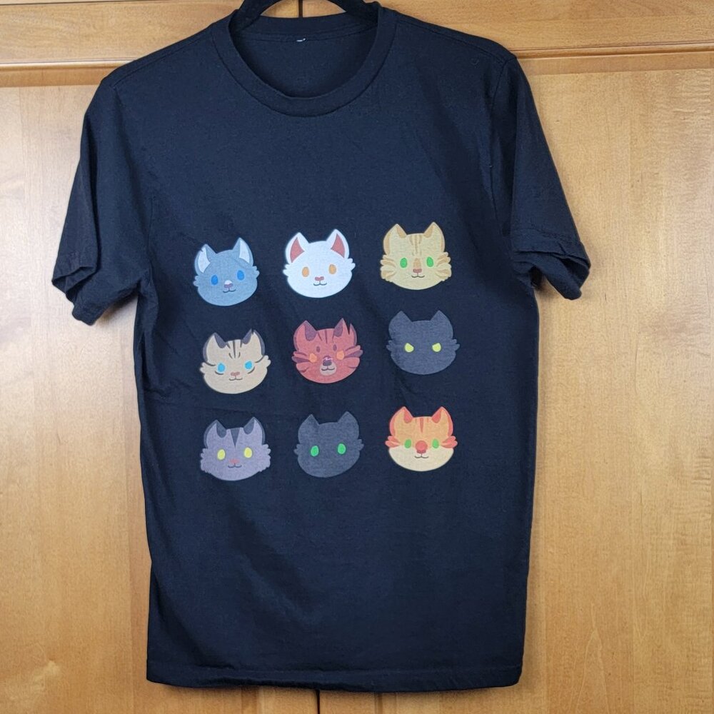 Black Short Sleeve Tee Shirt Cat Faces - S